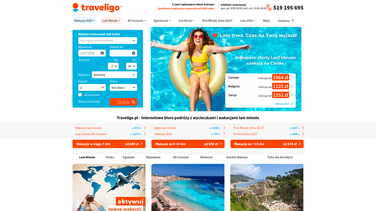 Zrzut ekranu portalu Traveligo.pl (traveligo.pl) — pozycja 16 w rankingu ofert wakacji last minute 1970: Multi-agent turystyczny z prostą wyszukiwarką i rzetelnymi opiniami.