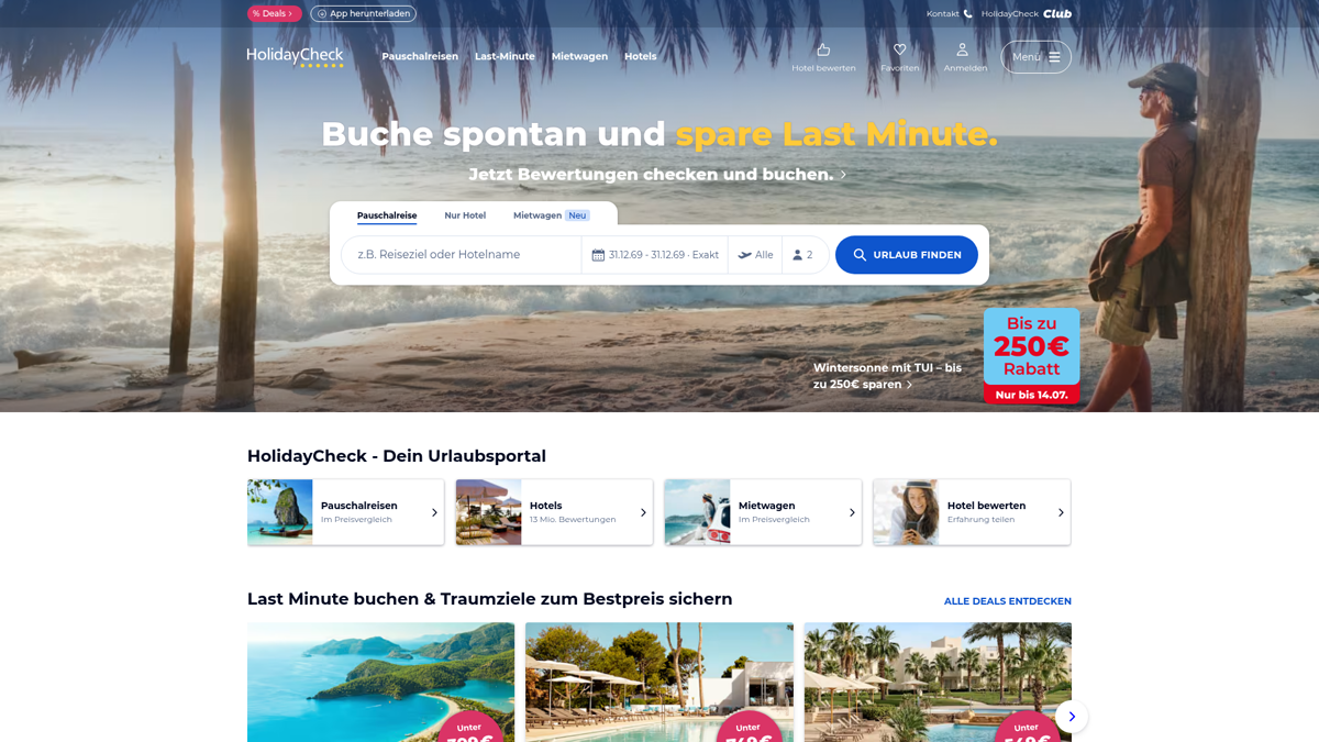 Zrzut ekranu portalu HolidayCheck.pl (holidaycheck.pl) — pozycja 18 w rankingu ofert wakacji last minute 1970: Największy niemiecki portal opinii o hotelach — teraz też z polskimi ofertami.